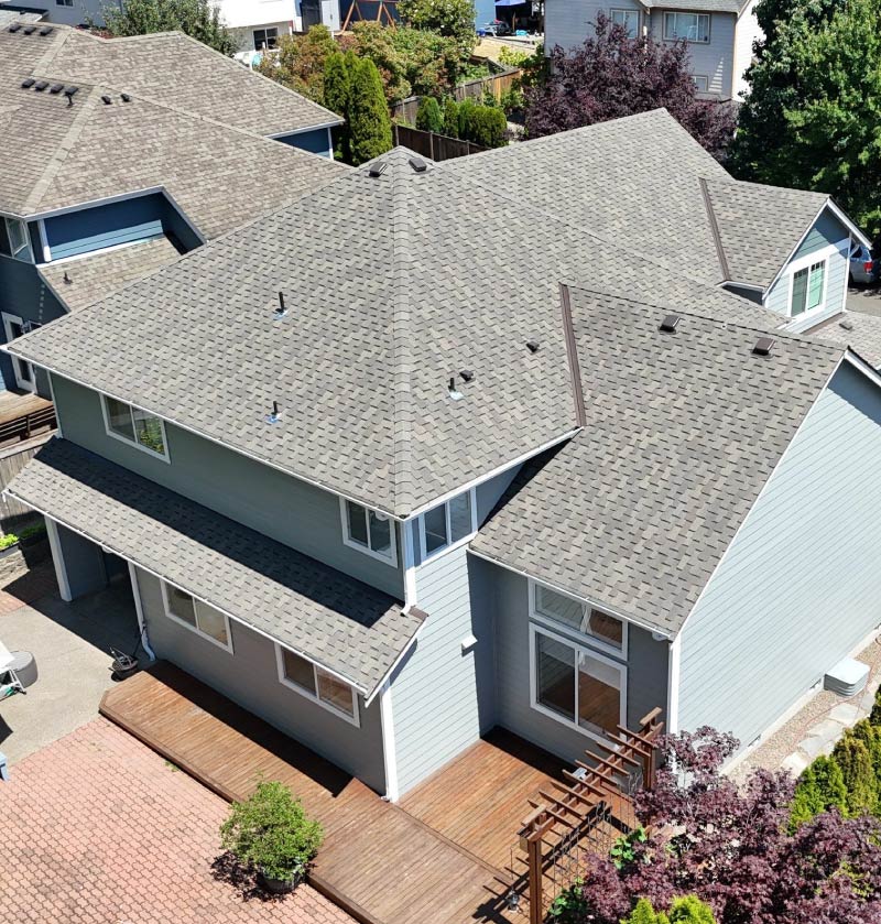 aerial view of a residential roof installed by final touch construction lls, best roofers in tokwilla seattle and tacoma, WA