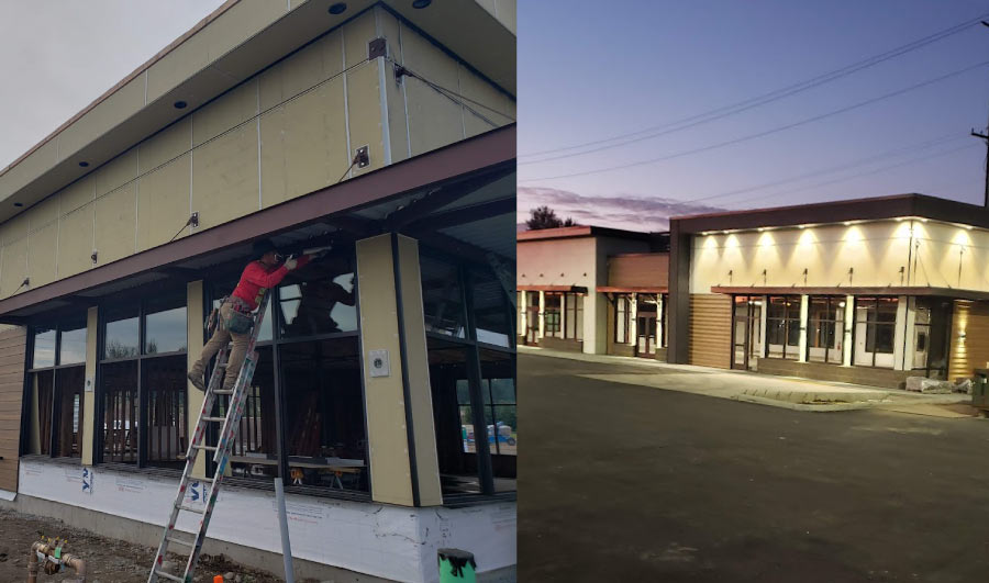 A side-by-side split image showing a construction worker on a ladder installing exterior framing panels on a commercial building left, and the finished storefront with warm exterior lighting at dusk right.
