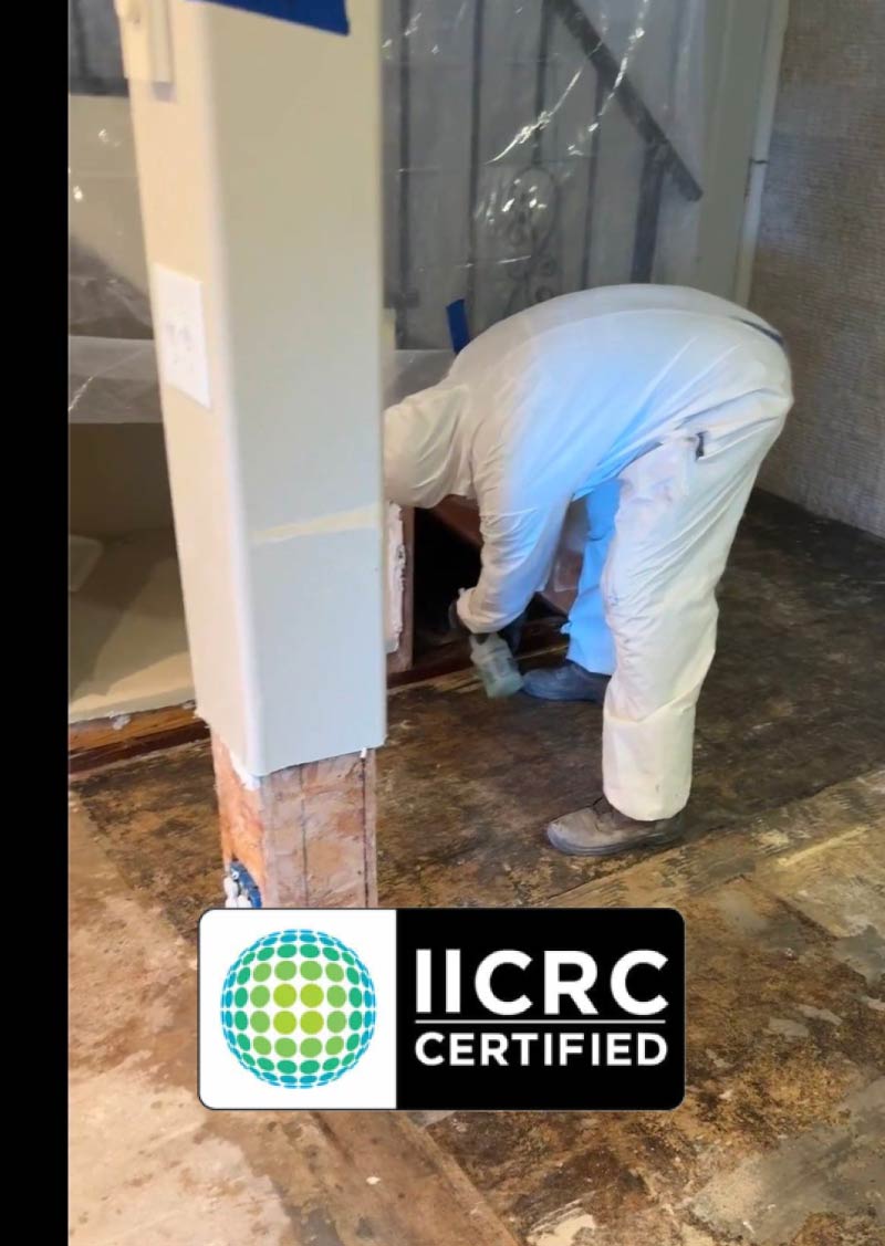 A professional restoration specialist in full protective gear performing precision water mitigation and deep-cleaning on a damaged subfloor to prevent mold growth.
